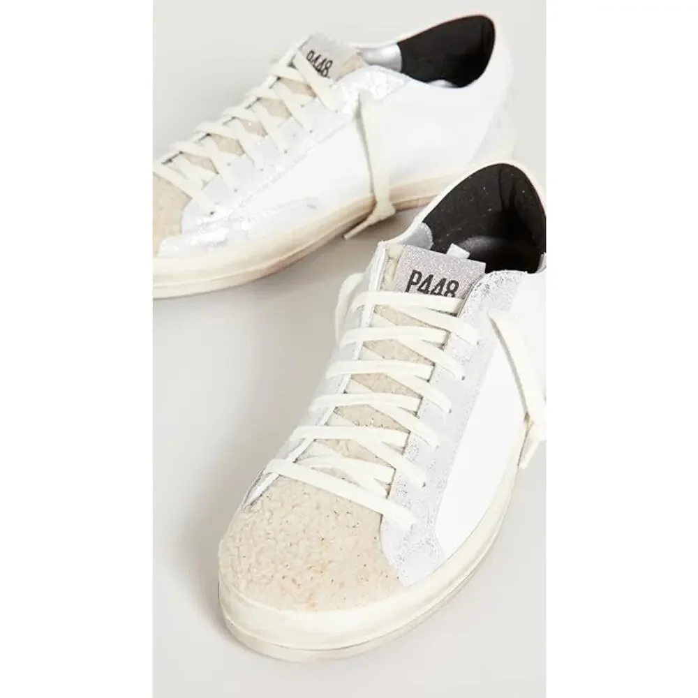 P448‎ John Lama Sneaker White Silver Lace Up Low Top Leather Sz 41 / 10.5
